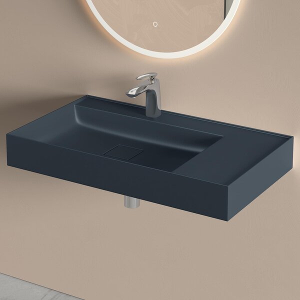Doporro Lavabo Bagno Sospeso 80 cm Rettangolare in Resina Antracite Opaco con Vasca Integrata a Sinistra e Piletta Inclusa Colossum630
