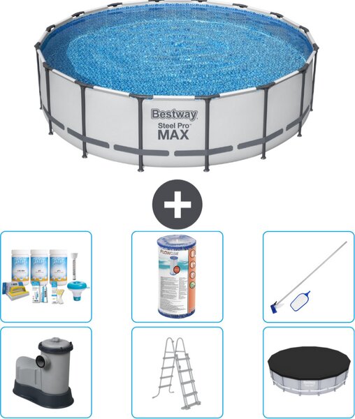 Piscina Bestway Round Steel Pro MAX - 488 x 122 cm - grigio - inclusa pompa - scala - copertura pacchetto manutenzione - filtro - kit pulizia