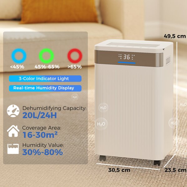 HOMCOM Deumidificatore, Serbatoio da 4,5 Litri, Timer 24 Ore, Display LED, Plastica, Bianco | Aosom Italy