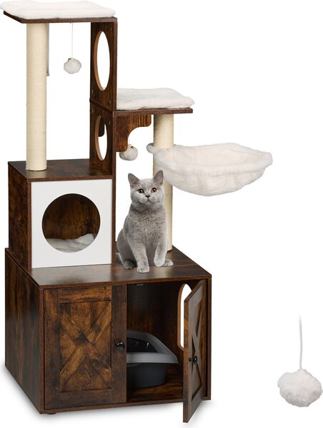 Relaxdays Tiragraffi con mobile per lettiera, L 128 x P 95 x A 52 cm, pali in sisal e cuccia, stile industriale, torre per gatti, marrone e bianco