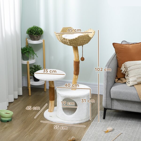 PawHut Albero per gatti torre da gioco per gatti tiragraffi piattaforma letto cuccia cuscino morbido lavabile, 55 x 45 x 102 cm bianco | Aosom Italy