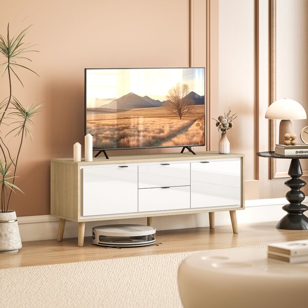 HOMCOM Mobile TV, per televisore fino a 55 pollici, con 2 ante lucide e 2 cassetti silenziosi, 120 x 35 x 50 cm, Bianco | Aosom Italy