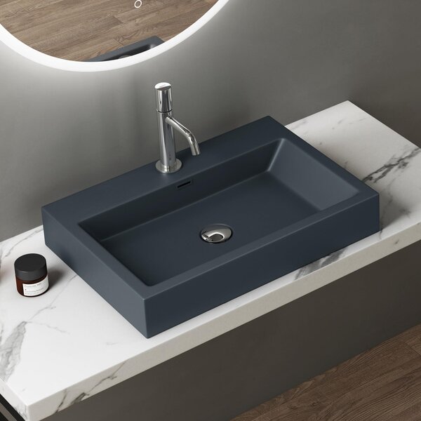 Doporro Lavabo da Appoggio Rettangolare, Lavabo Bagno Sospeso con Foro Rubinetto e Troppopieno, Lavandino in Marmo Resina Antracite Opaco 60x42x10cm, Colossum06