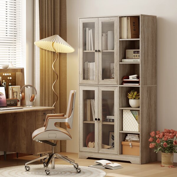 HOMCOM Credenza da Cucina con Vetrina a 4 Ante con Chiusura Soft e Ripiani Regolabili, 90x35x172 cm Grigio Chiaro | Aosom Italy