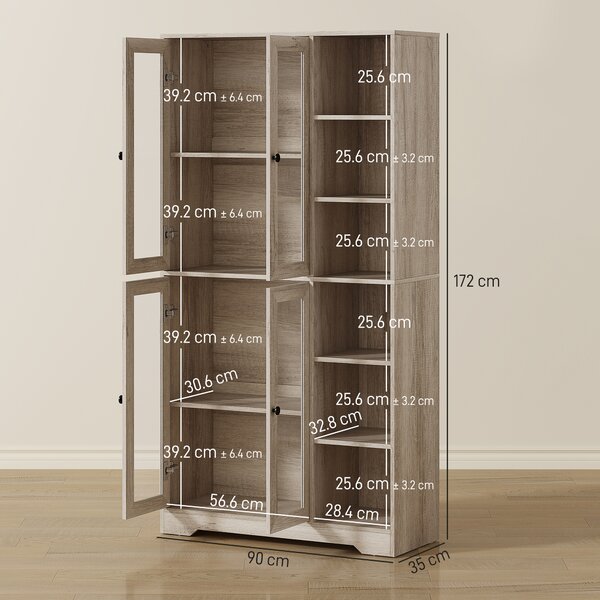 HOMCOM Credenza da Cucina con Vetrina a 4 Ante con Chiusura Soft e Ripiani Regolabili, 90x35x172 cm Grigio Chiaro | Aosom Italy