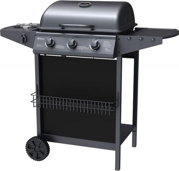 Barbecue a gas Tepro Hampton, 3 bruciatori, 11 kW, acciaio inox verniciato a polvere nera, con accensione piezoelettrica, bruciatore laterale e termometro, superficie della griglia 82 cm, dimensioni: 104,0 x 55,4 x 97,7 cm
