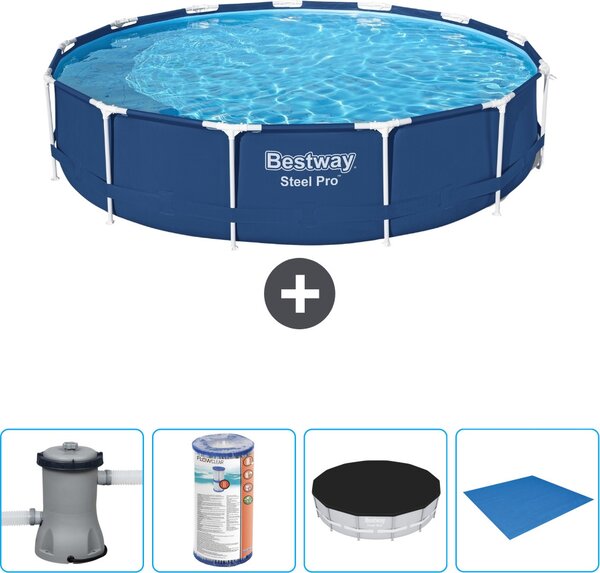 Piscina Bestway Round Steel Pro - 396 x 84 cm - blu - compresa pompa - filtro - copertura - telo di fondo