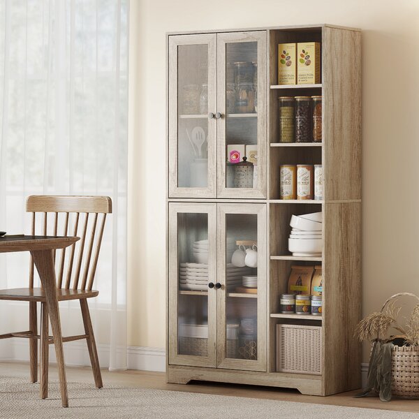 HOMCOM Credenza da Cucina con Vetrina a 4 Ante con Chiusura Soft e Ripiani Regolabili, 90x35x172 cm Grigio Chiaro | Aosom Italy