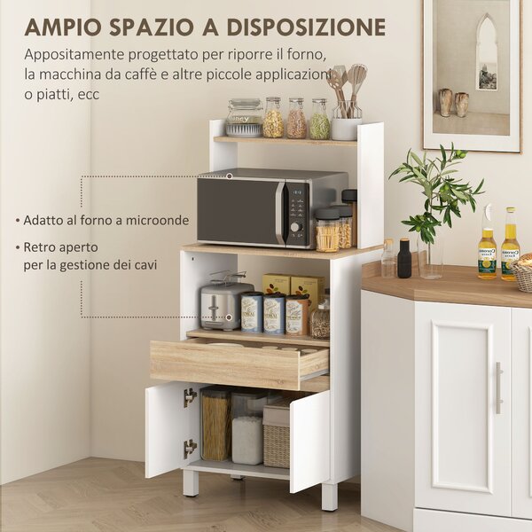 HOMCOM Mobiletto per Microonde in Legno con Mensola, Ripiano Aperto, Cassetto e Armadietto, 60x40x131 cm, Bianco | Aosom Italy