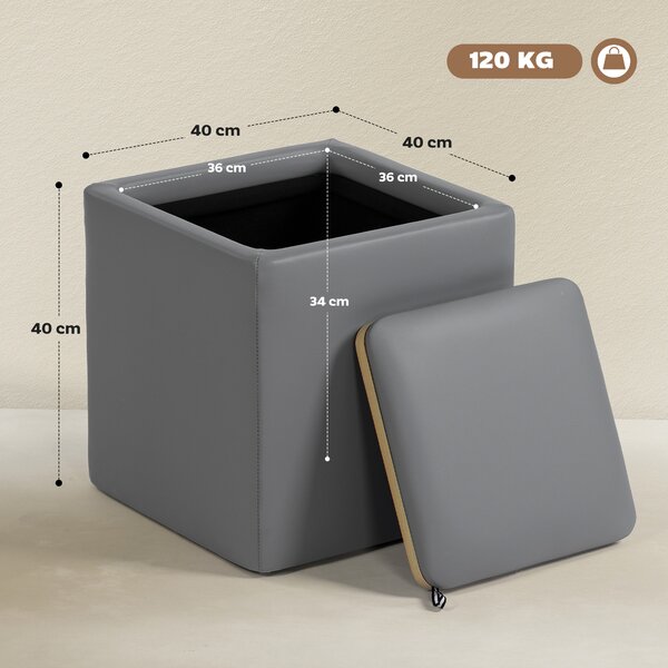 HOMCOM Pouf Contenitore con Coperchio in Ecopelle, 40 x 40 x 40 cm, Grigio | Aosom Italy