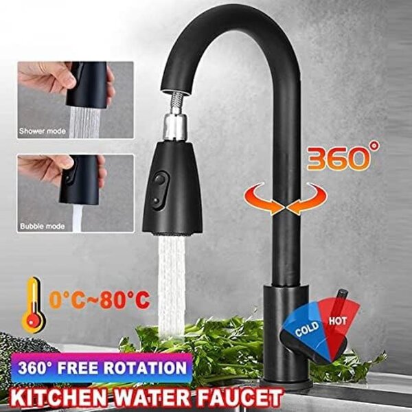 Rubinetto da cucina in acciaio inossidabile con rotazione a 360°, miscelatore monocomando per lavello, colore nero