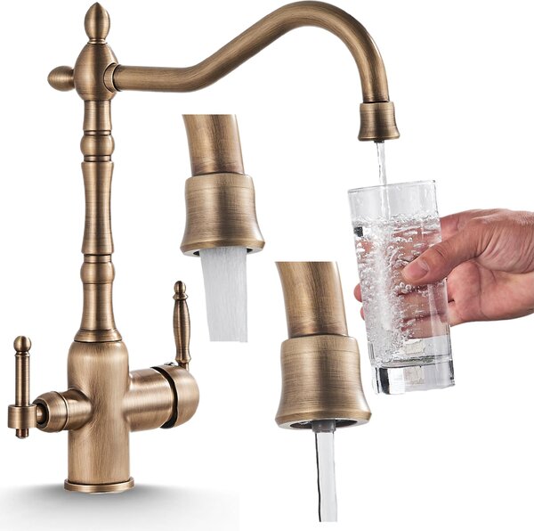 Rubinetto da cucina a 3 vie Ari Retro 2, ottone antico, beccuccio girevole 360 gradi, collegamento per filtro acqua, cartuccia Vetroceramica