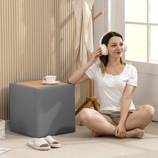 HOMCOM Pouf Contenitore con Coperchio in Ecopelle, 40 x 40 x 40 cm, Grigio | Aosom Italy