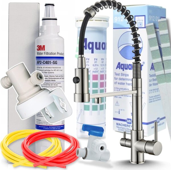 Rubinetto da cucina a 3 vie Ari Solid Spring, acciaio inox, con filtro acqua integrato, doppia canna girevole 360 gradi, cartuccia Vetroceramica