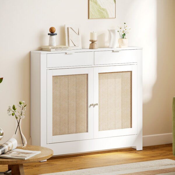 HOMCOM Copritermosifoni con ante in rattan, 2 scomparti, design bohémien. Bianco | Aosom Italy