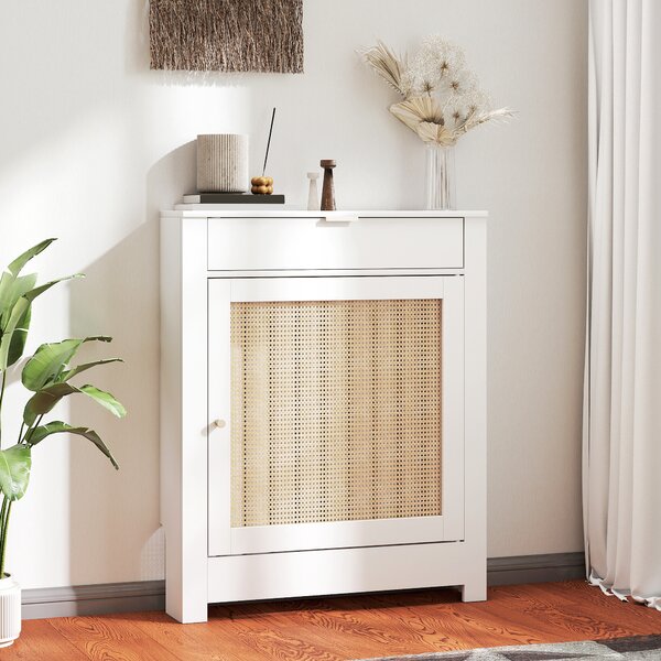 HOMCOM Copritermosifoni con Anta in rattan e Scomparto, Design Boho, Bianco | Aosom Italy