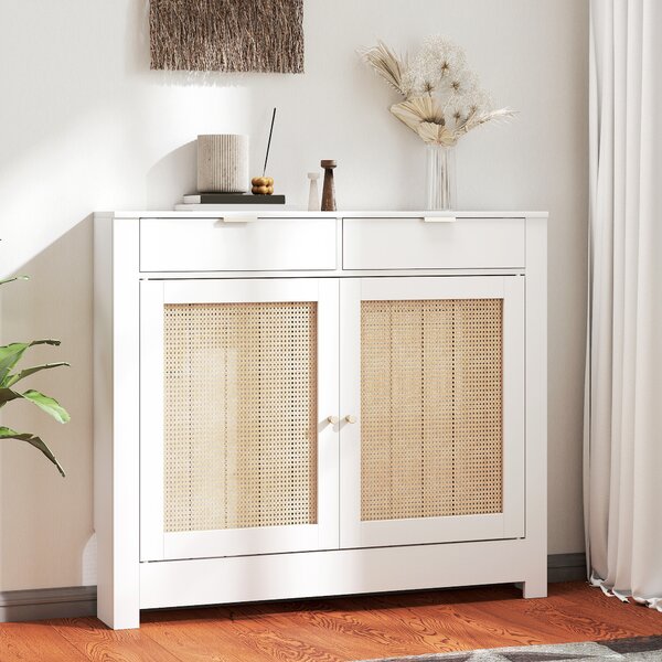 HOMCOM Copritermosifoni con ante in rattan, 2 scomparti, design bohémien. Bianco | Aosom Italy
