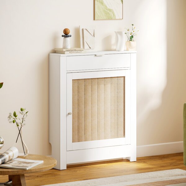 HOMCOM Copritermosifoni con Anta in rattan e Scomparto, Design Boho, Bianco | Aosom Italy