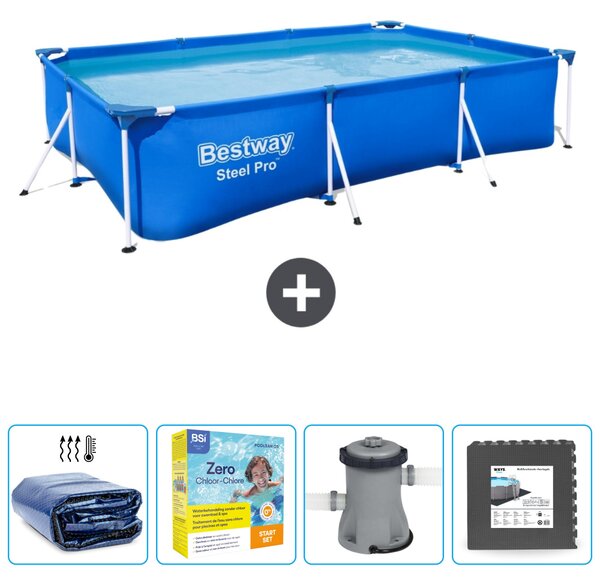 Piscina Bestway Steel Pro rettangolare - 300 x 201 x 66 cm - blu - include tenda da sole - pacchetto manutenzione - pompa - piastrelle per il pavimento