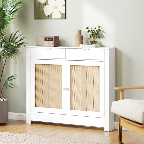 HOMCOM Copritermosifoni con ante in rattan, 2 scomparti, design bohémien. Bianco | Aosom Italy