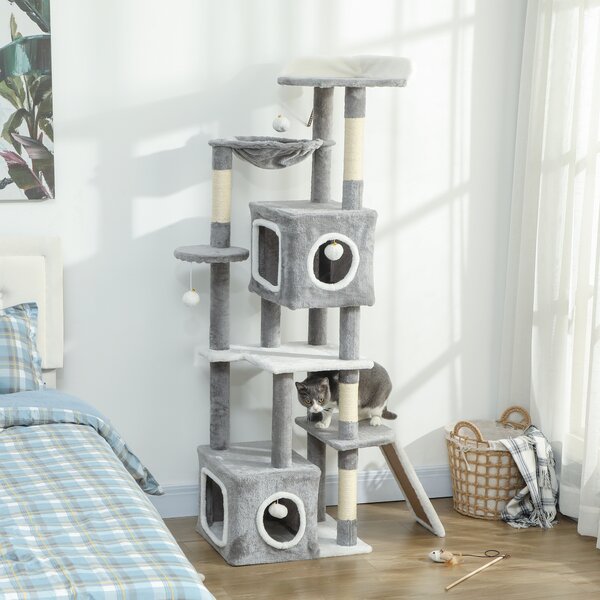 PawHut Albero Tiragraffi per Gatti con 2 Casette, Rampa, Trespoli e 4 Palline, 48x40x165 cm, Grigio e Bianco | Aosom Italy
