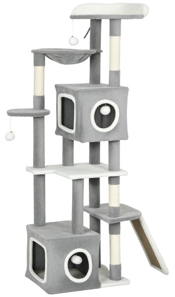 Albero Tiragraffi per Gatti 48x40x165 cm con 2 Casette Rampa Trespoli in Peluche e Sisal Grigio e Bianco