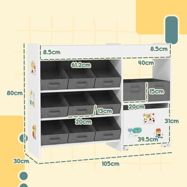AIYAPLAY Scaffale per giocattoli e per libri con 11 cesti in tessuto non tessuto 105 x 30 x 80 cm Bianco | Aosom Italy