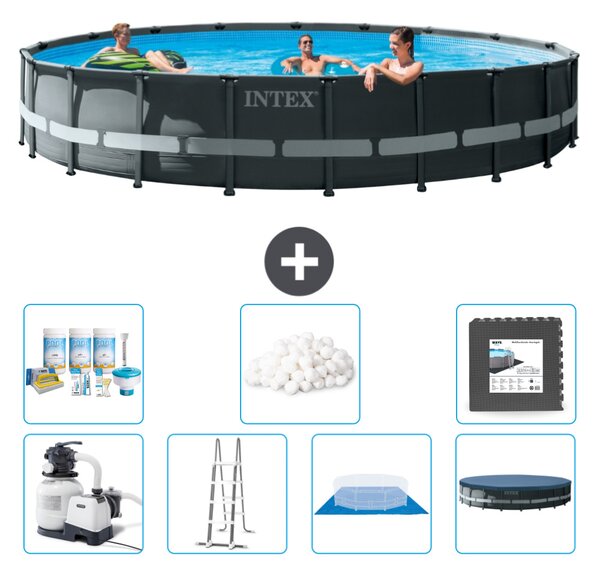Piscina Intex Round Ultra XTR Frame - 610 x 122 cm - inclusa pompa - scaletta - telo di fondo - confezione di manutenzione della copertura - sfere filtranti - piastrelle per il pavimento