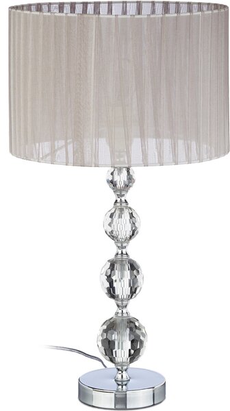 Lampada da comodino Relaxdays in cristallo, paralume in tessuto, A x P: 53 x 29,5 cm, lampada da tavolo per soggiorno e camera da letto, grigio/argento