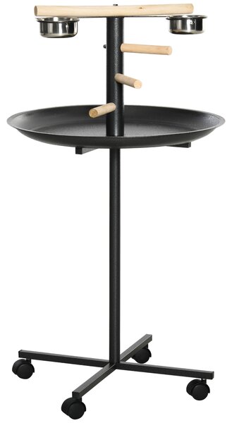 PawHut Posatoio per pappagalli su piedistallo, con 4 ruote e 2 ciotole, in acciaio inox, Ø 60 x 111 cm, Grigio | Aosom Italy