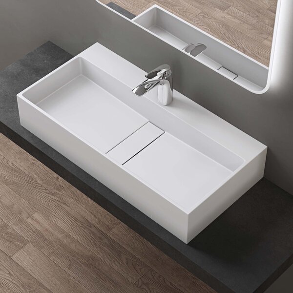 Ddoporro Lavabo da Bagno Rettangolare 80 cm in Resina Minerale Bianco Opaco, Lavandino Sospeso / da Appoggio con Foro Rubinetto - Col6028