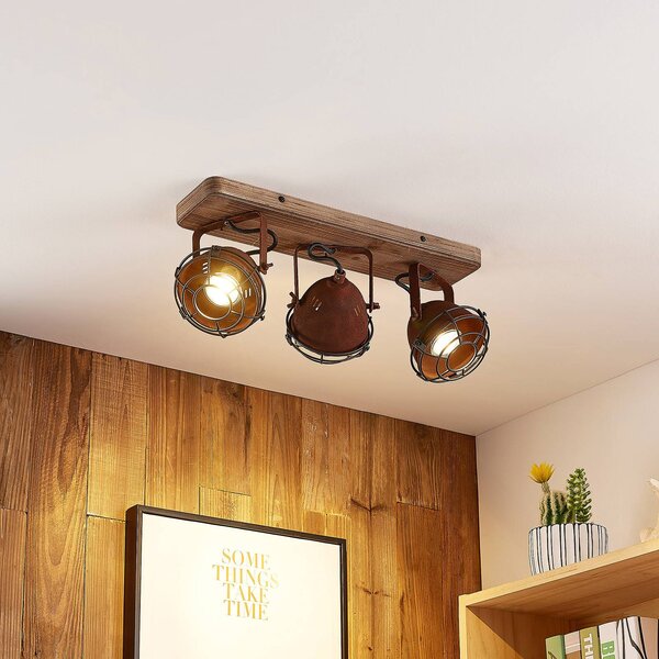 Farovi da soffitto Lindby, ruggine, 45 cm, a 3 luci, legno, GU10 dimmerabile, Marrone / Ruggine, Soggiorno / Sala da pranzo, Legno, Industriale, Faretto