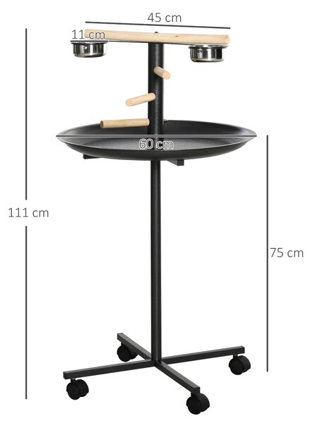 PawHut Posatoio per pappagalli su piedistallo, con 4 ruote e 2 ciotole, in acciaio inox, Ø 60 x 111 cm, Grigio | Aosom Italy