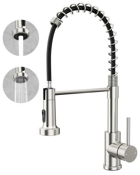 Rubinetto da cucina Rainsworth in acciaio inox estraibile - Rubinetto da cucina ad alta pressione a due getti con doccia estraibile, rubinetto per lavello con rotazione a 360° adatto per cucina Disegno a filo