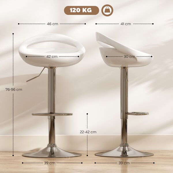 HOMCOM Set 2 Sgabelli da Bar Girevoli con Poggiapiedi, Altezza Regolabile Base in Acciaio Seduta in ABS, Bianco