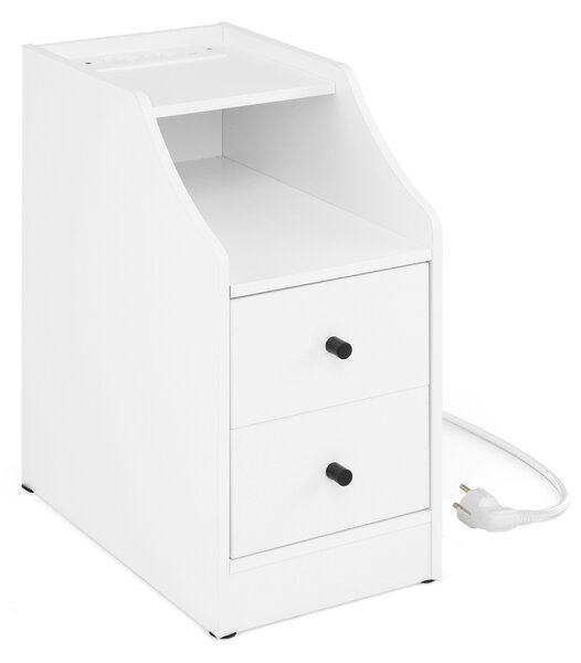 Costway Comodino camera da letto con stazione di ricarica 2 cassetti e scomparto, Mobiletto stretto e bianco moderno e salvaspazi Bianco