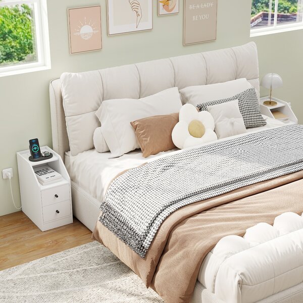 Costway Comodino camera da letto con stazione di ricarica 2 cassetti e scomparto, Mobiletto stretto e bianco moderno e salvaspazi Bianco