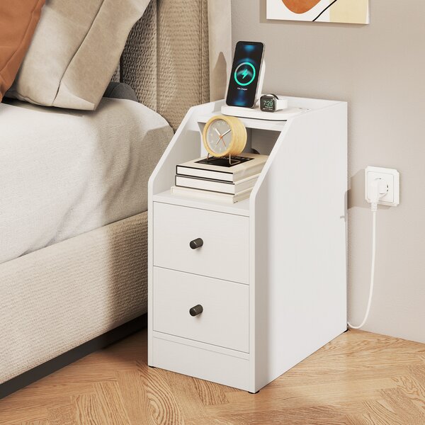 Costway Comodino camera da letto con stazione di ricarica 2 cassetti e scomparto, Mobiletto stretto e bianco moderno e salvaspazi Bianco