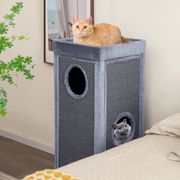 Costway Condominio per gatti alto 99 cm con trespoli per graffiare 3 nascondigli 4 morbidi cuscini in peluche, Casa per gatti a 4 piani Grigio chiaro