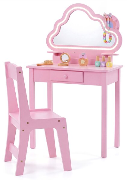 Costway Toeletta trucco con sgabello specchiera con luci led a forma di nuvola, Set postazione trucco in legno con cassetto e ganci Rosa