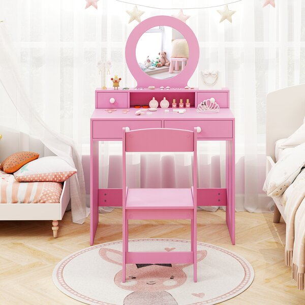 Costway Set tavolo da trucco per bambini con specchio, Set da tavolo da trucco da gioco immaginario Rosa