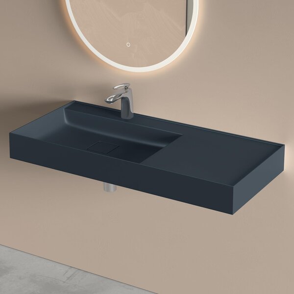 Doporro Lavabo Bagno Sospeso 100 cm Rettangolare in Resina Antracite Opaco con Vasca Integrata a Sinistra e Piletta Inclusa Colossum630