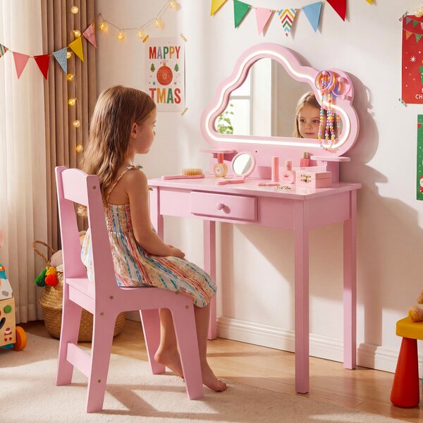 Costway Toeletta trucco con sgabello specchiera con luci led a forma di nuvola, Set postazione trucco in legno con cassetto e ganci Rosa