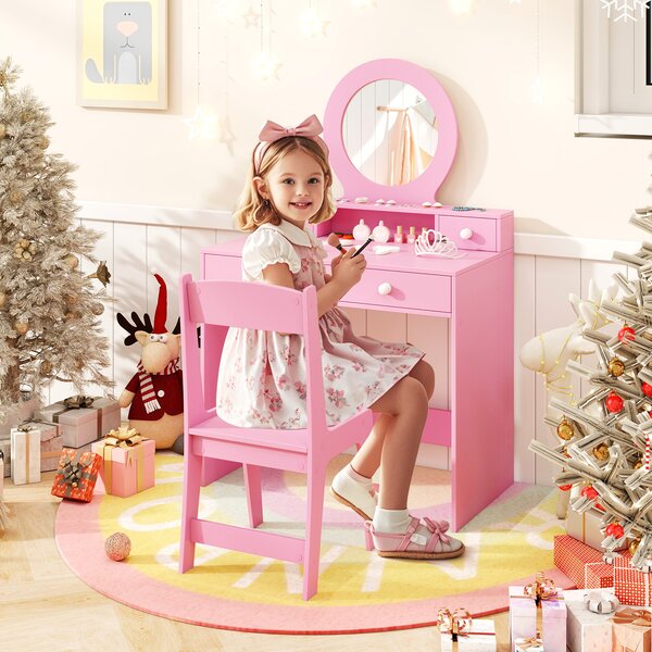 Costway Set tavolo da trucco per bambini con specchio, Set da tavolo da trucco da gioco immaginario Rosa