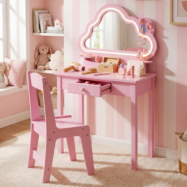 Costway Toeletta trucco con sgabello specchiera con luci led a forma di nuvola, Set postazione trucco in legno con cassetto e ganci Rosa