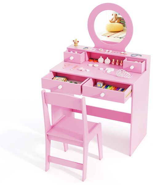 Costway Set tavolo da trucco per bambini con specchio, Set da tavolo da trucco da gioco immaginario Rosa