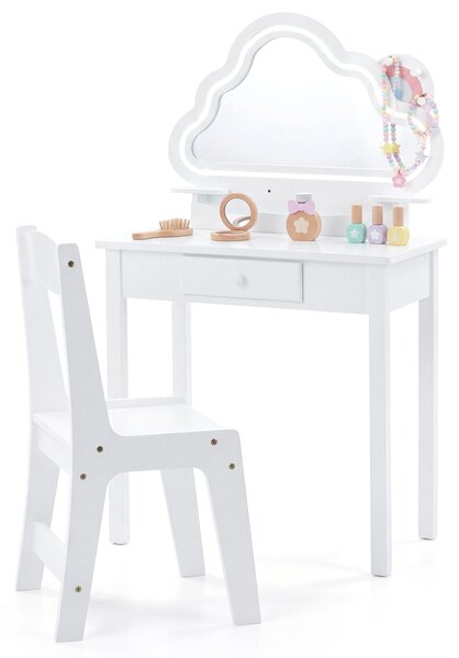 Costway Toeletta trucco con sgabello specchiera con luci led a forma di nuvola, Set postazione trucco in legno con cassetto e ganci Bianco