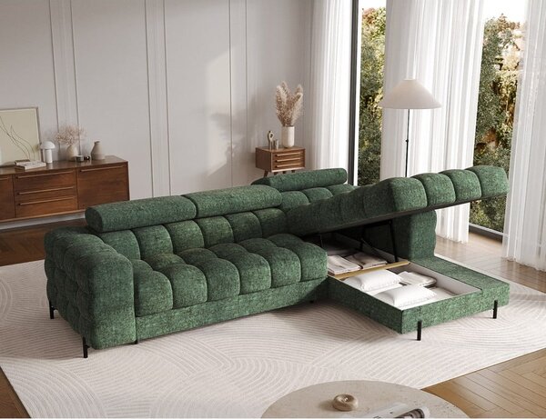 Divano angolare verde allungabile/con contenitore (con penisola a destra/con chaise lounge) con rivestimento in bouclé Felro – ELTAP