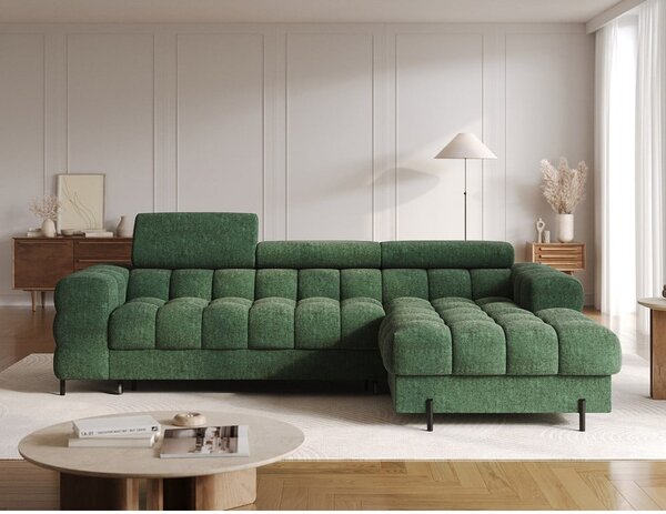 Divano angolare verde allungabile/con contenitore (con penisola a destra/con chaise lounge) con rivestimento in bouclé Felro – ELTAP
