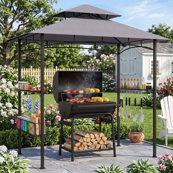 Costway Gazebo per barbecue con cestino portaoggetti 2 ripiani e 8 ganci protezione solare, Gazebo da giardino a 2 livelli Grigio
